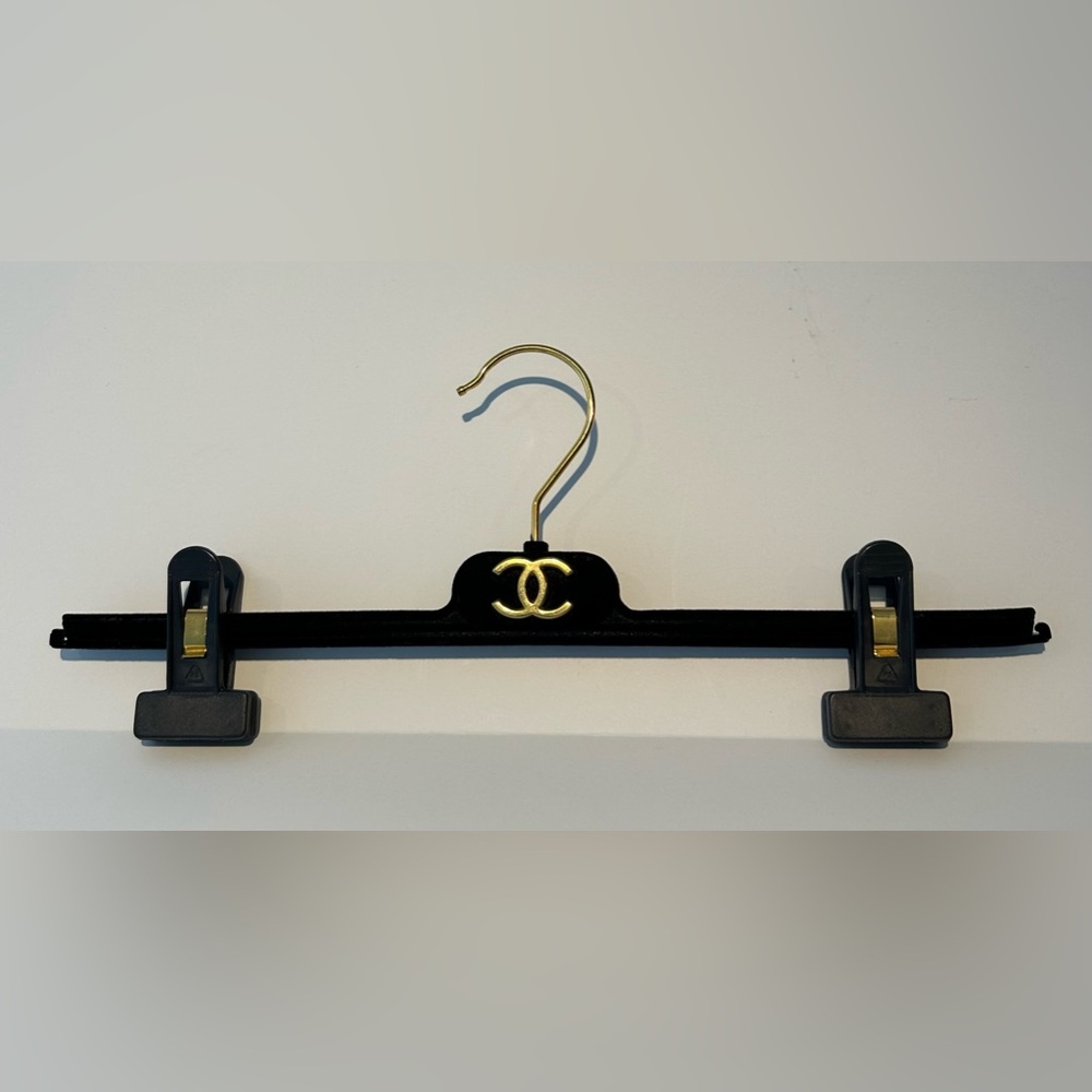 CHANEL Clothing Hanger Pant Skirt Black Velvet Gold Logo Adjustable Padding